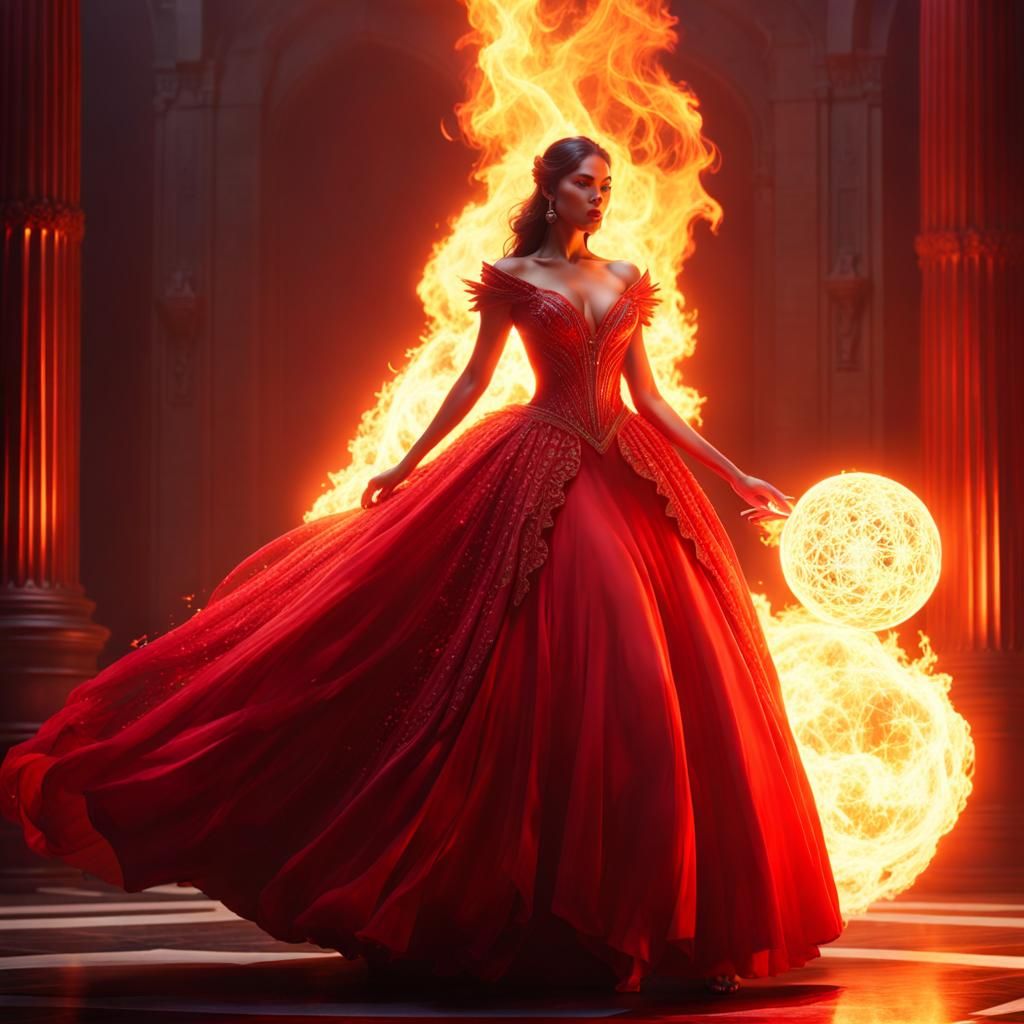 Woman in Burning Red Gown, Fantasy Art