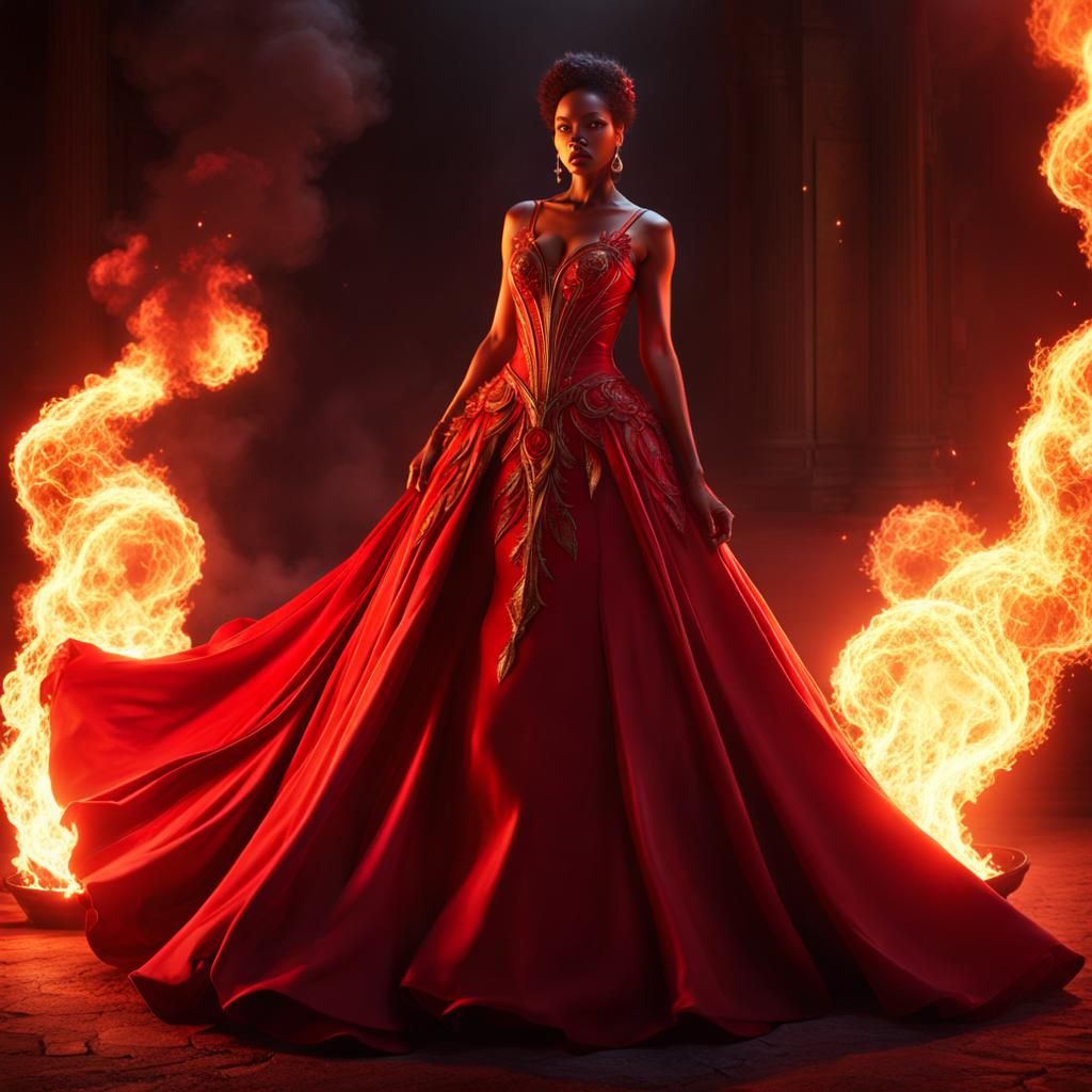Fiery Woman in Red Gown: Fantasy Art