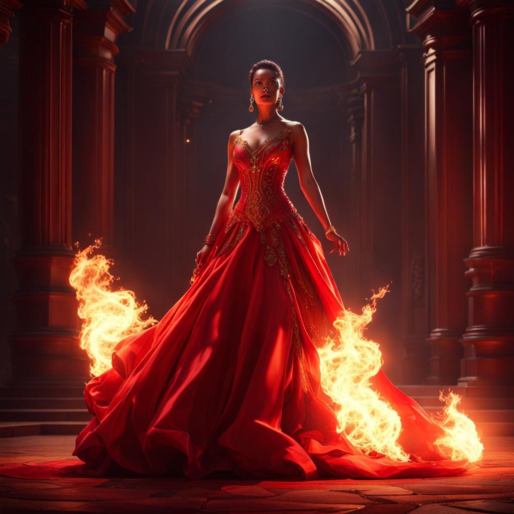 Fiery Woman in Red Ball Gown Portrait