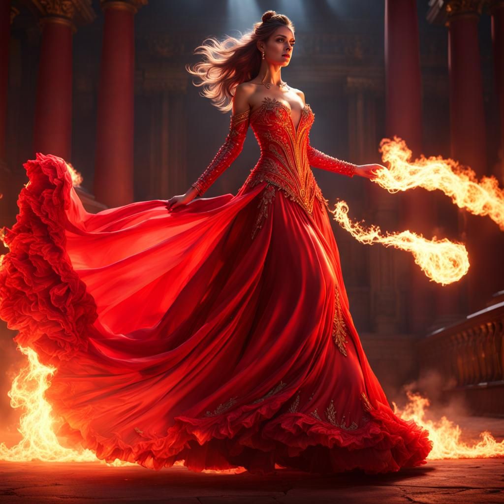 Woman in Burning Red Ball Gown Portrait