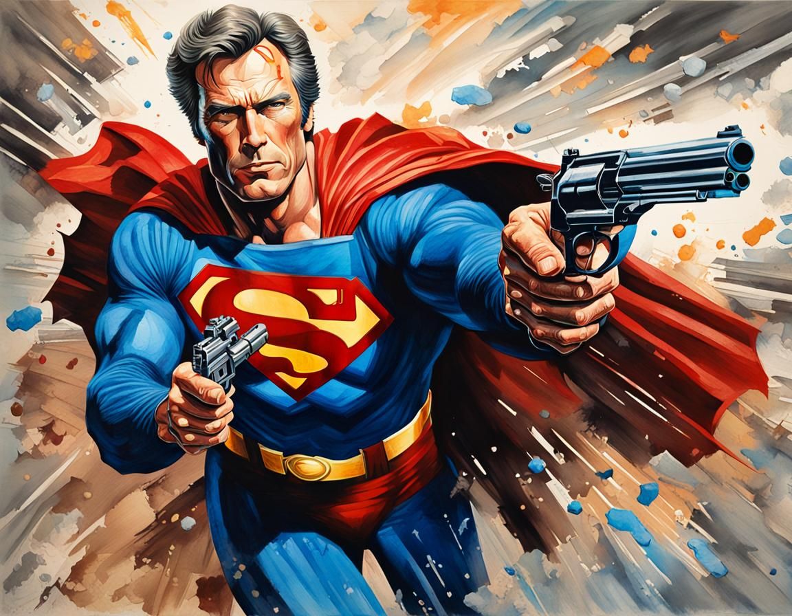 Clint Eastwood as Superman holding a .45 Magnum handgun Mark...