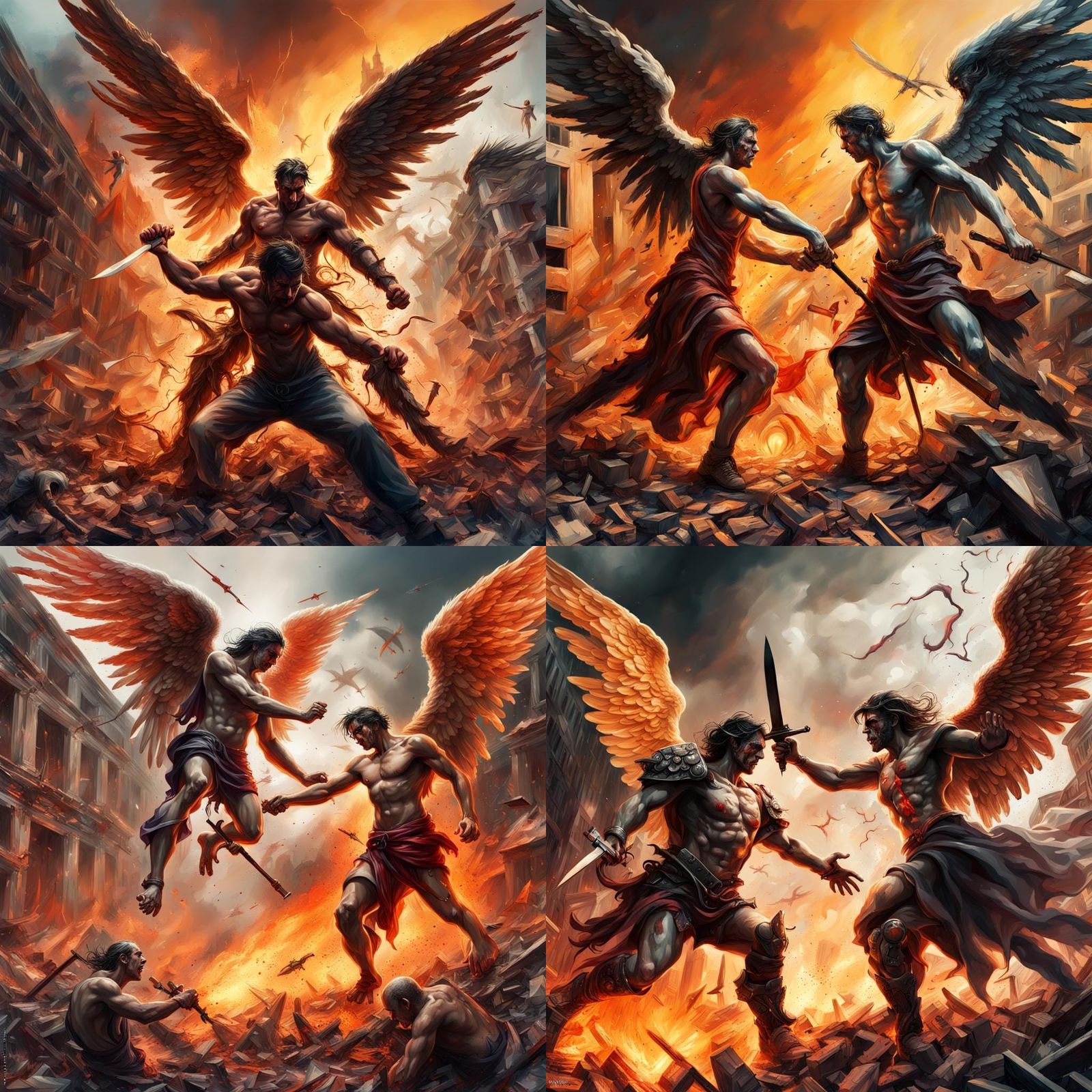 Angels and demons fighting in a war torn world on the day of...