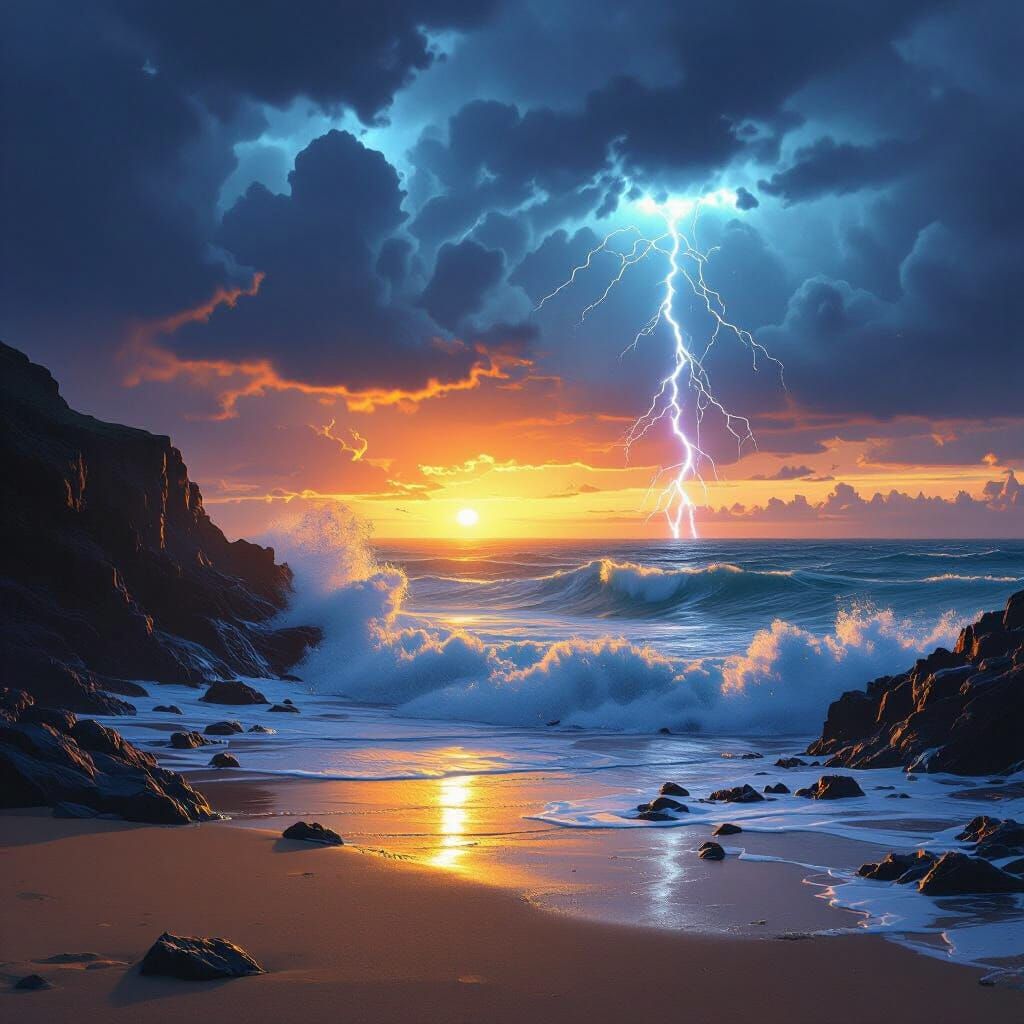 # AI Art Prompt: Sci-Fi Dramatic Seascape

## Main Prompt:
**"Dramatic stormy seascape at sunset with crashing waves against dark rocky clif...