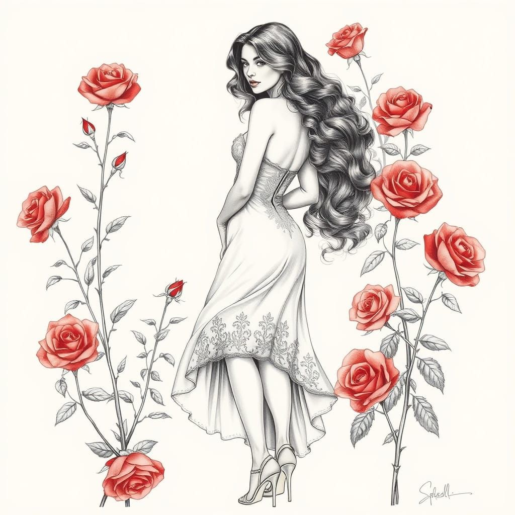 Woman in Blooming Roses, Elegance in Art Nouveau Style