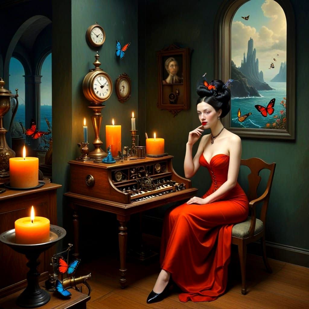 Surrealistic Lady in a Vibrant Fantasy Landscape