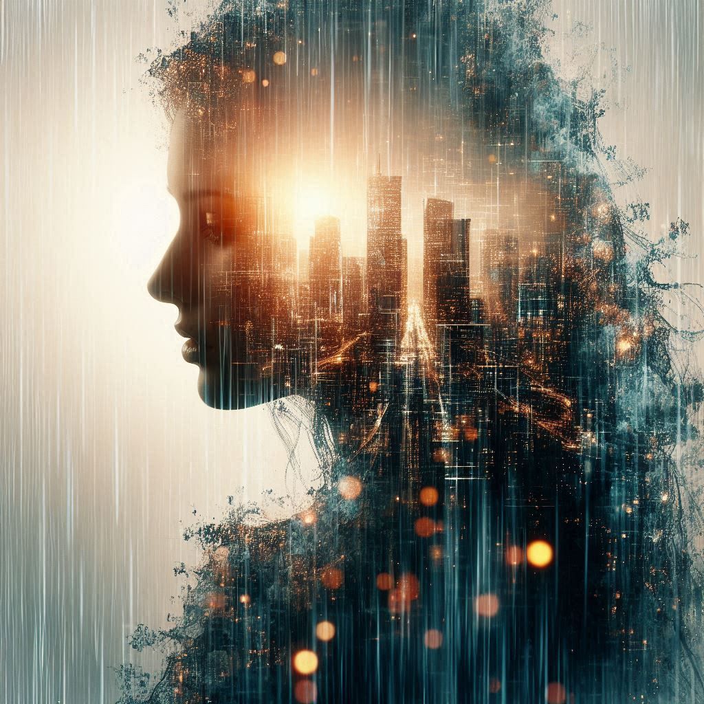 double exposure beautiful fantasy DALL-E 3 portrait landscape..