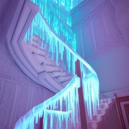 gorgeous staircase made out of luminous ice!!! at night!!", ...