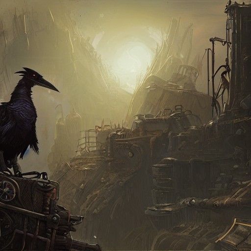 Steampunk Raven in a post apocalyptic landscape in the style...