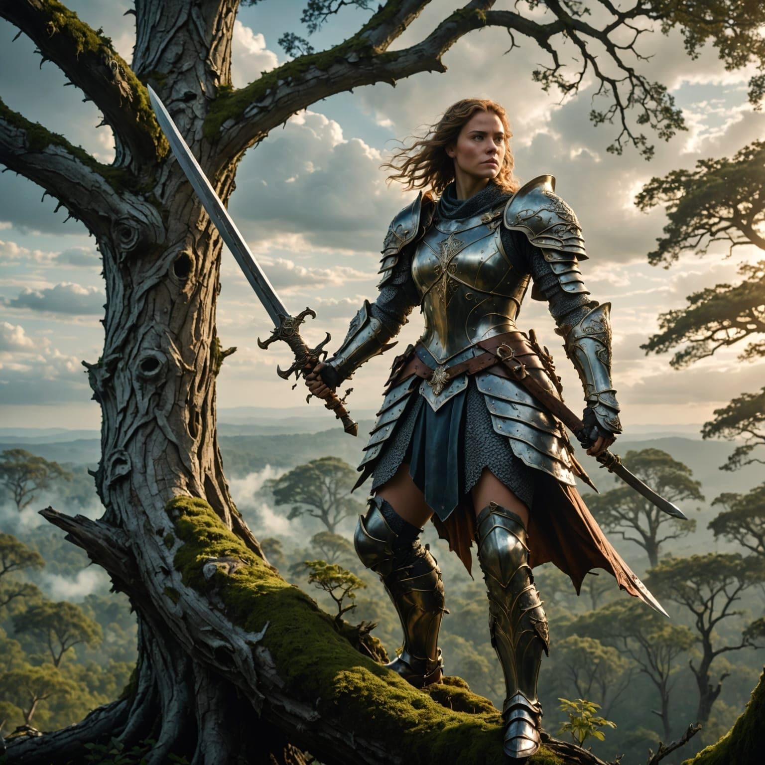 A female knight in ornate armor, sword in hand, stands defiantly on the base of a gnarly tree on a hill, surveying the land.