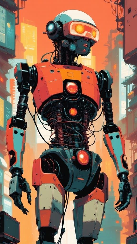 full body character poster illustration by <lora:CyberCoreFlux:1.0> depicting retrofuturistic cyberpunk robot, production line