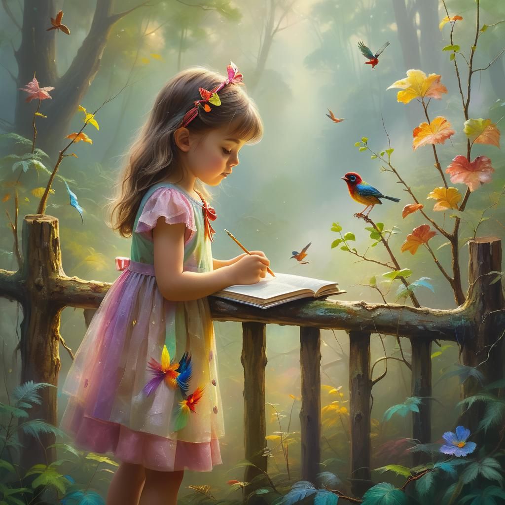 Child Studies Bird in Ethereal Fantasy Forest