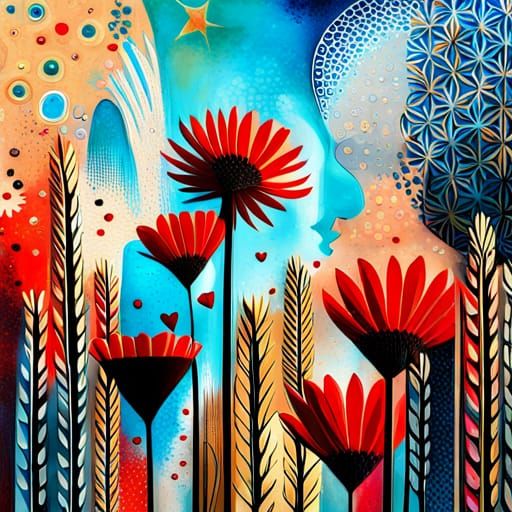 Mixed Media Floral Painting with Intricate Details