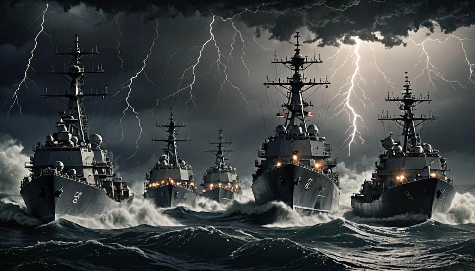 dark dreary haunting night, a fleet of us navy ships of different ...