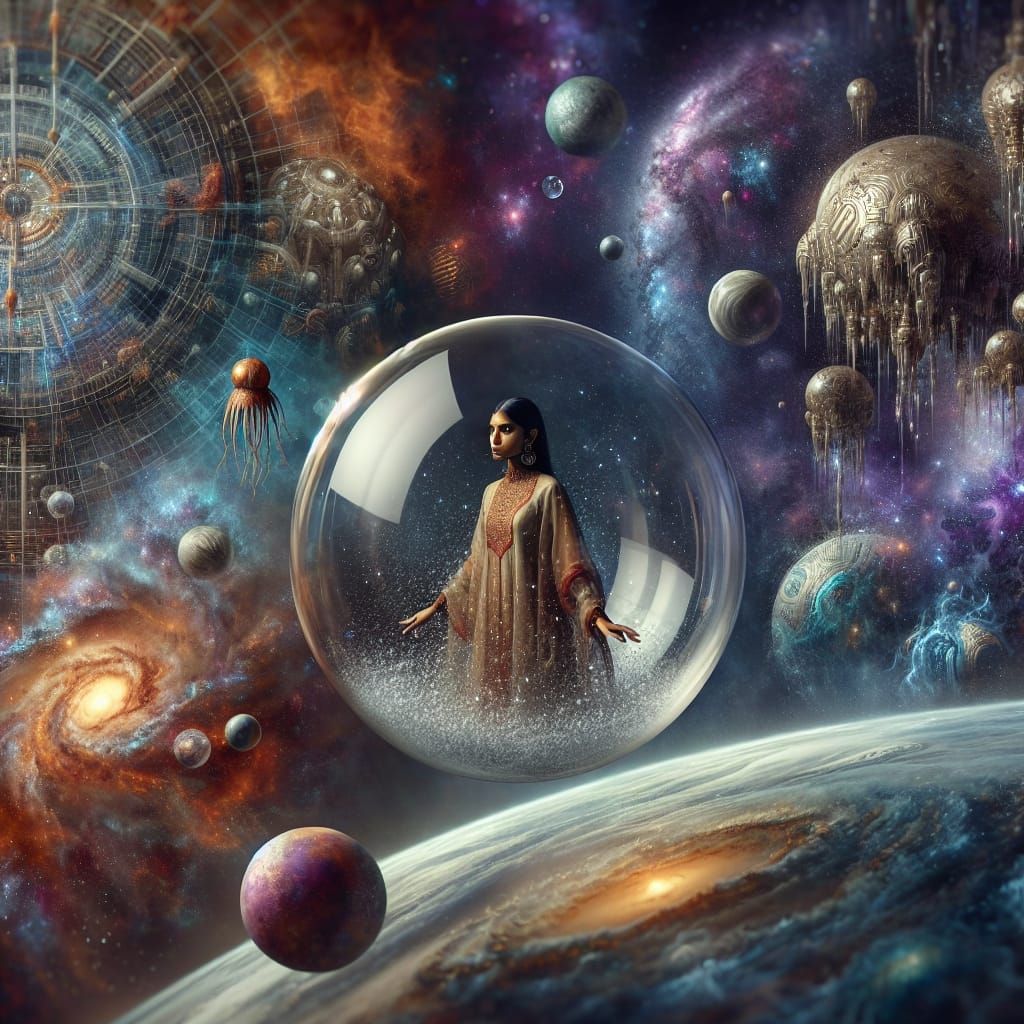 Woman in Bubble Floating in Space, Matte Painting