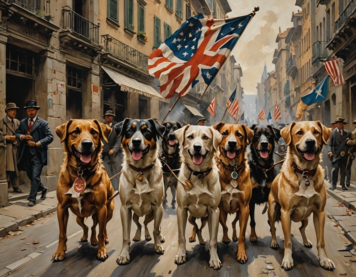 Cynus Cuneo painting, four dogs, holding up the flag of dogs ...