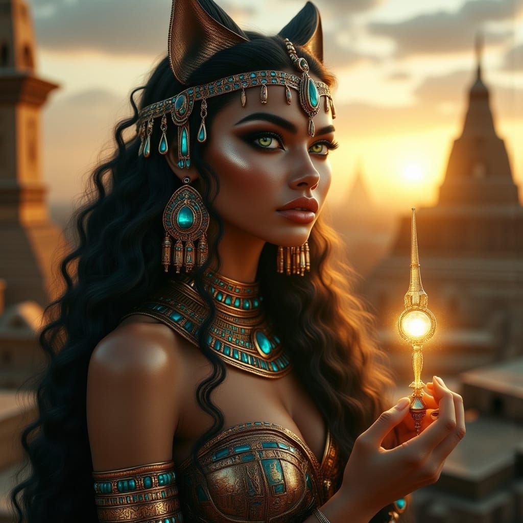 Egyptian Goddess Bastet in Golden Ceremonial Gown with Radia...