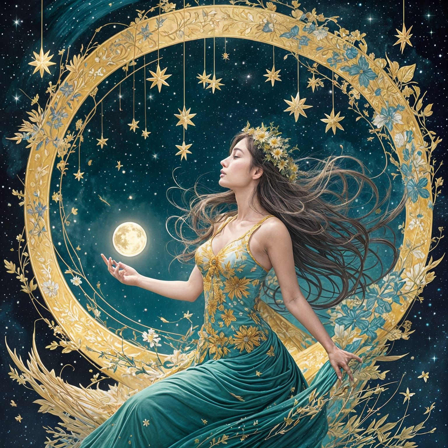 <lora:melancholy:1.0> Girassóis de van gong com noite estreladas e uma mulher solitária chorando veneno azul.