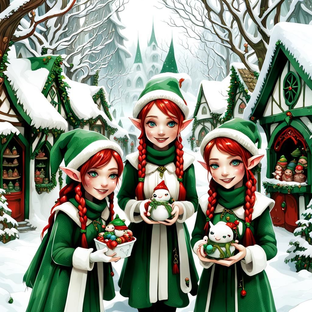 Elves Amara, Rophalin, and Bemere showing off toys they made.  by @Znarf