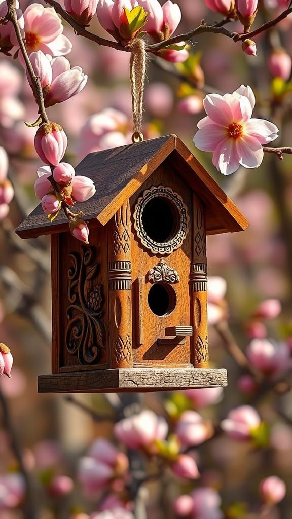 A classic wooden birdhouse hanging on a branch with budding almond buds  by @AlexVf 