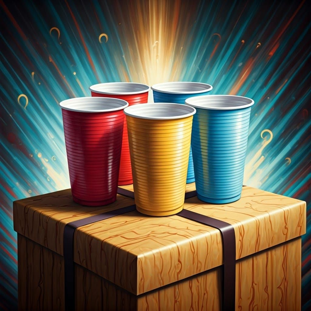 Vibrant Plastic Cups on a Gift Box in a Futuristic Dreamscap...