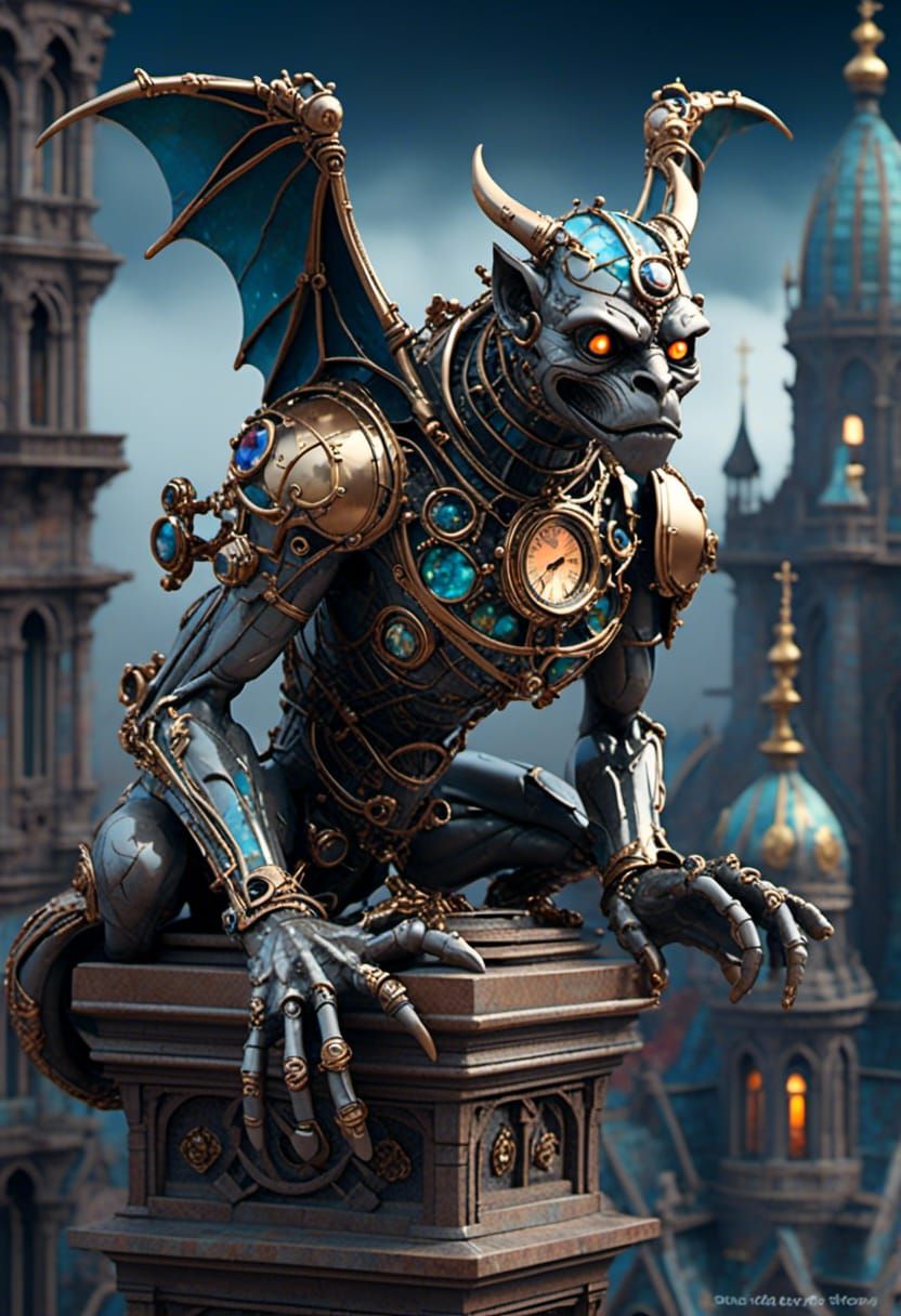 <lora:Mosaic Jewels:1.0> Steampunk mechanical gargoyle on top of a church, foggy Victorian city
