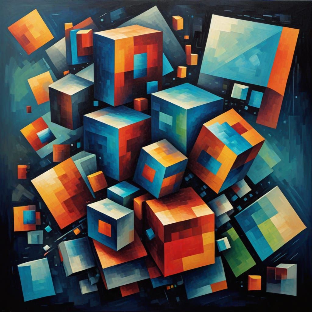Cubist painting overlapping squares with quadratic blending colours, rhythmic, rigid, right-angles, pixelated ...  by @MrKitWalker