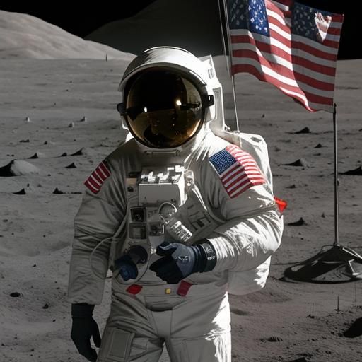 A Llama astronaut in a spacesuit on the moon, with a flag th...
