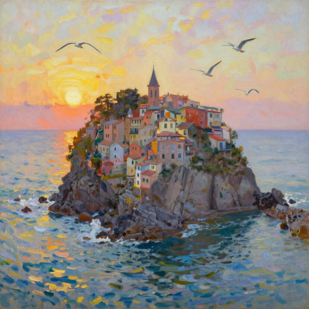 Secluded Village on Rock in Sunrise Glow, Impressionistic Oi...