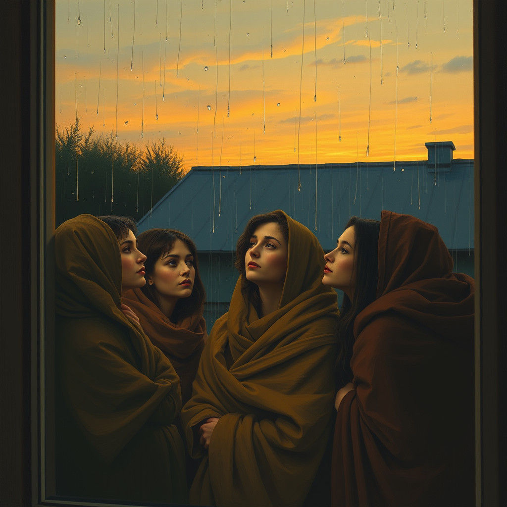 Contemplative Women Gazing at Rain, Impressionist Style
