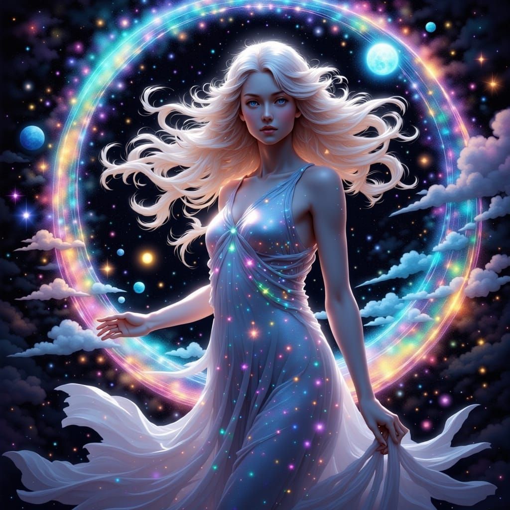 <lora:Cosmic Spiced:1.0>  A regal woman with flowing, starlight-kissed hair and a slender, athletic build, dressed in a flowing, iridescent ...