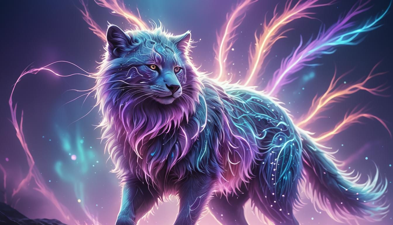 A glowing transparent lovely animal formed from beams of lig...