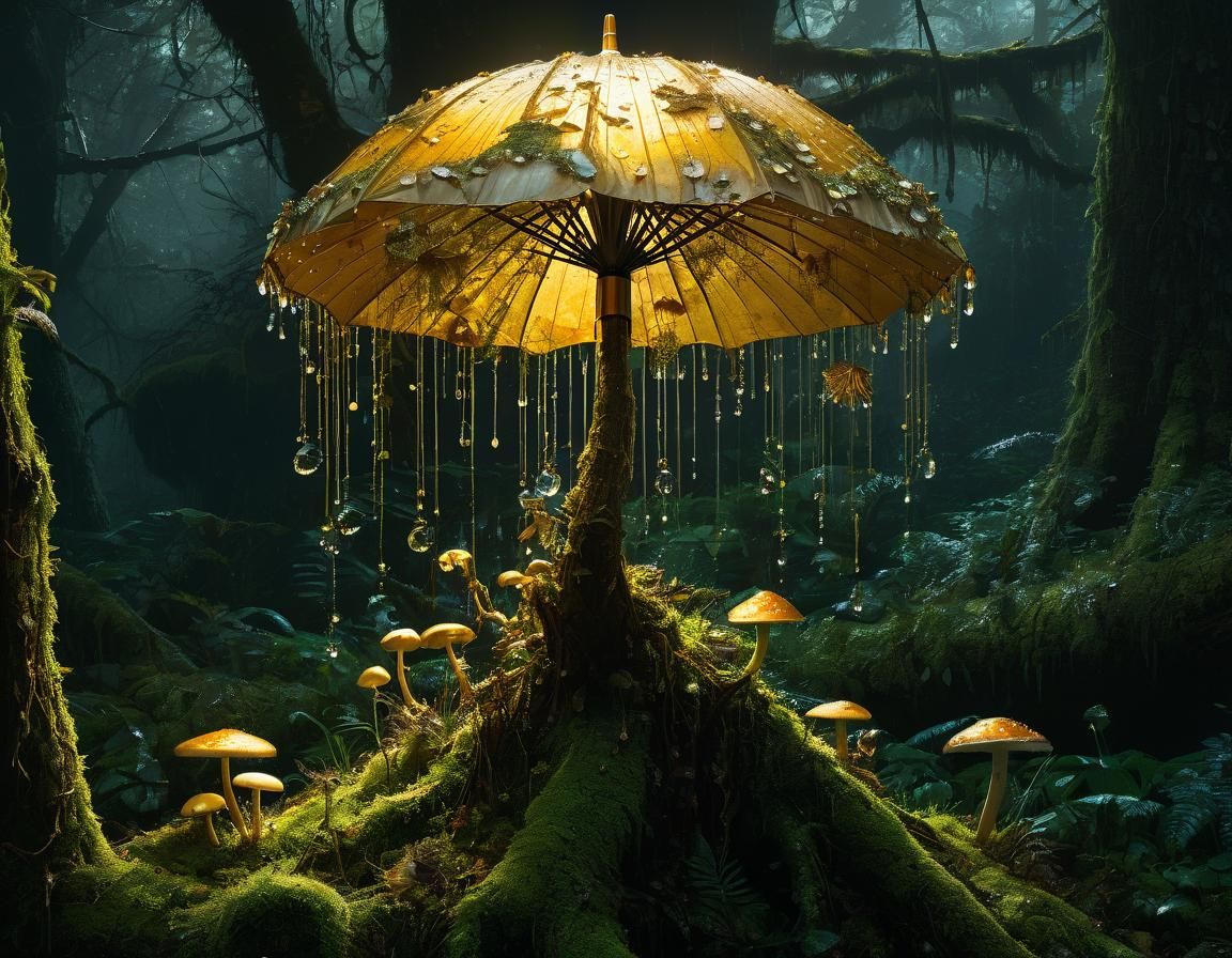 a detailed magnificent golden silken umbrella sitting on a moss covered tree branch, covered in mushrooms, ...  by @Kindly Offer