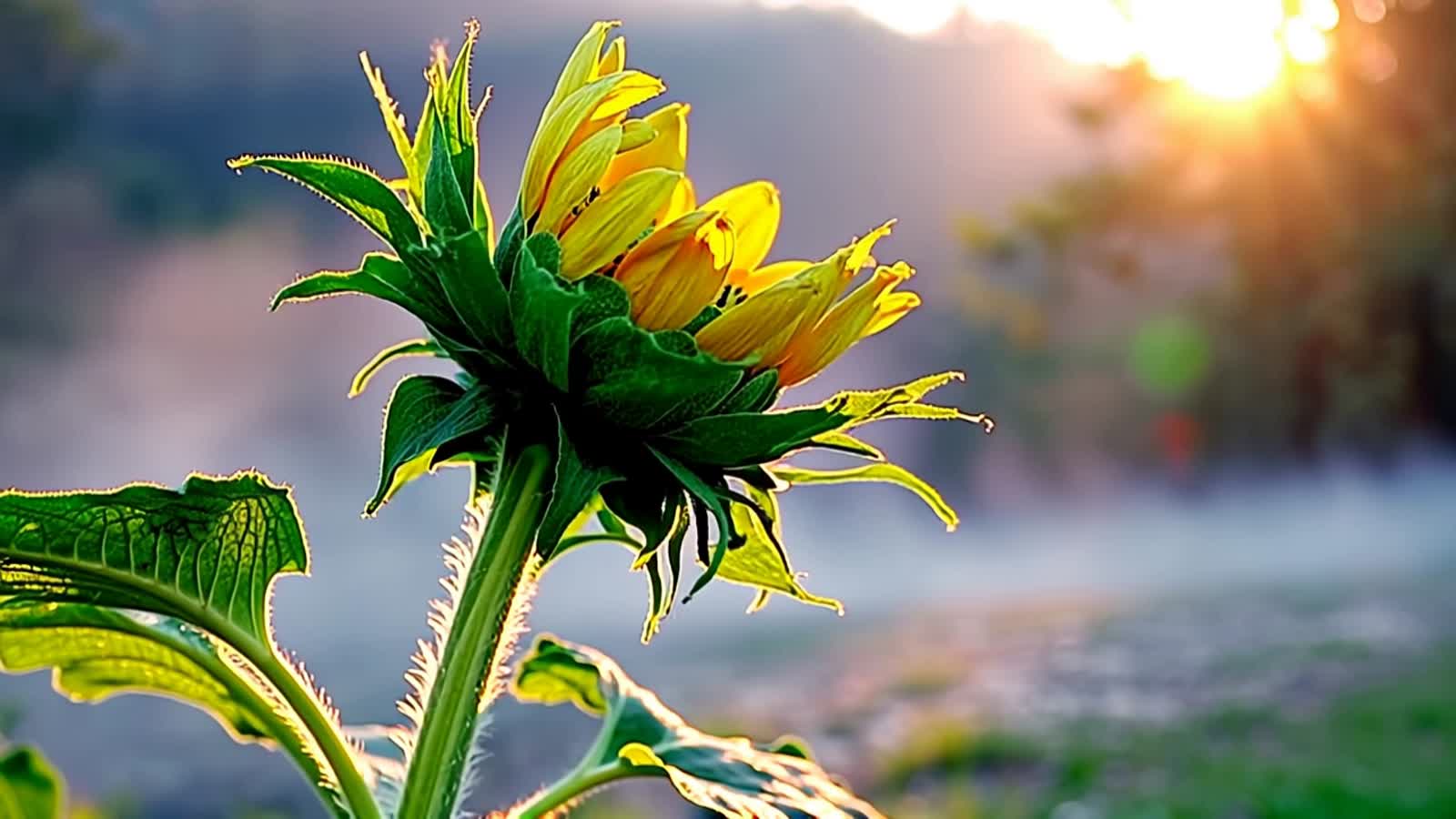 single sunflower bud stands tall, tightly wrapped in deep green sepals, its golden petals barely visible, as soft mornin...