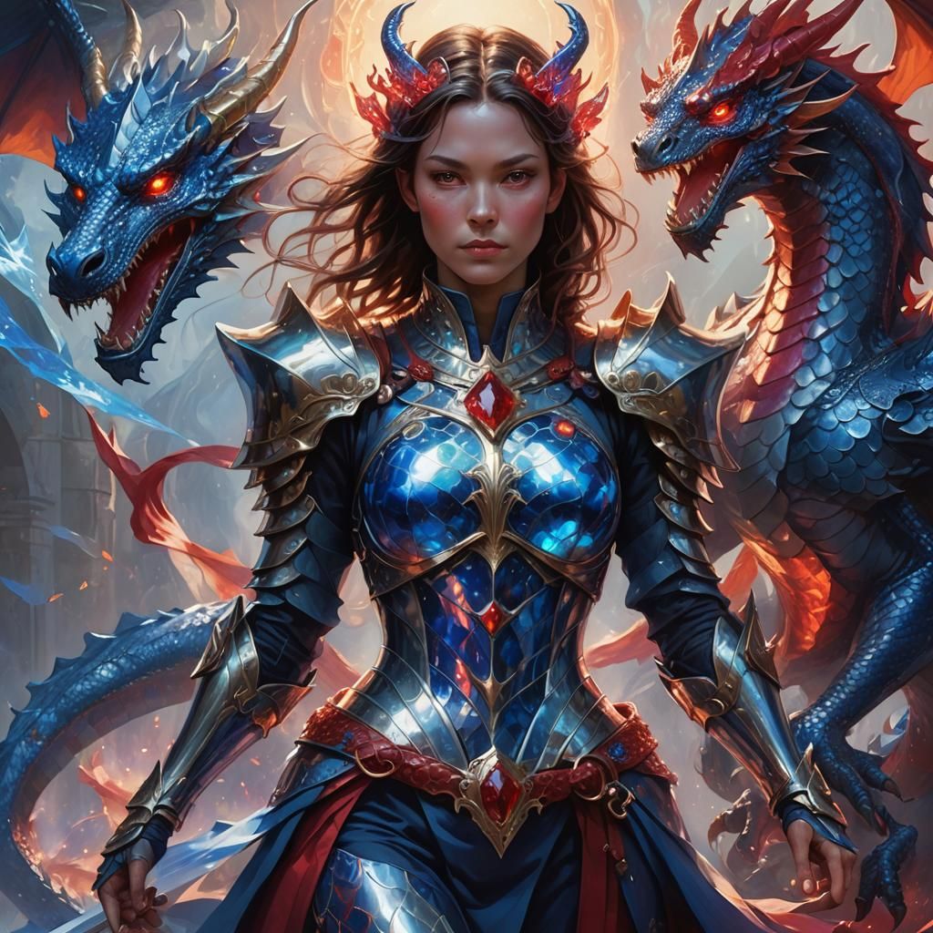 A radiant ruby-red Woman knight rides a glowing sapphire-blue dragon.