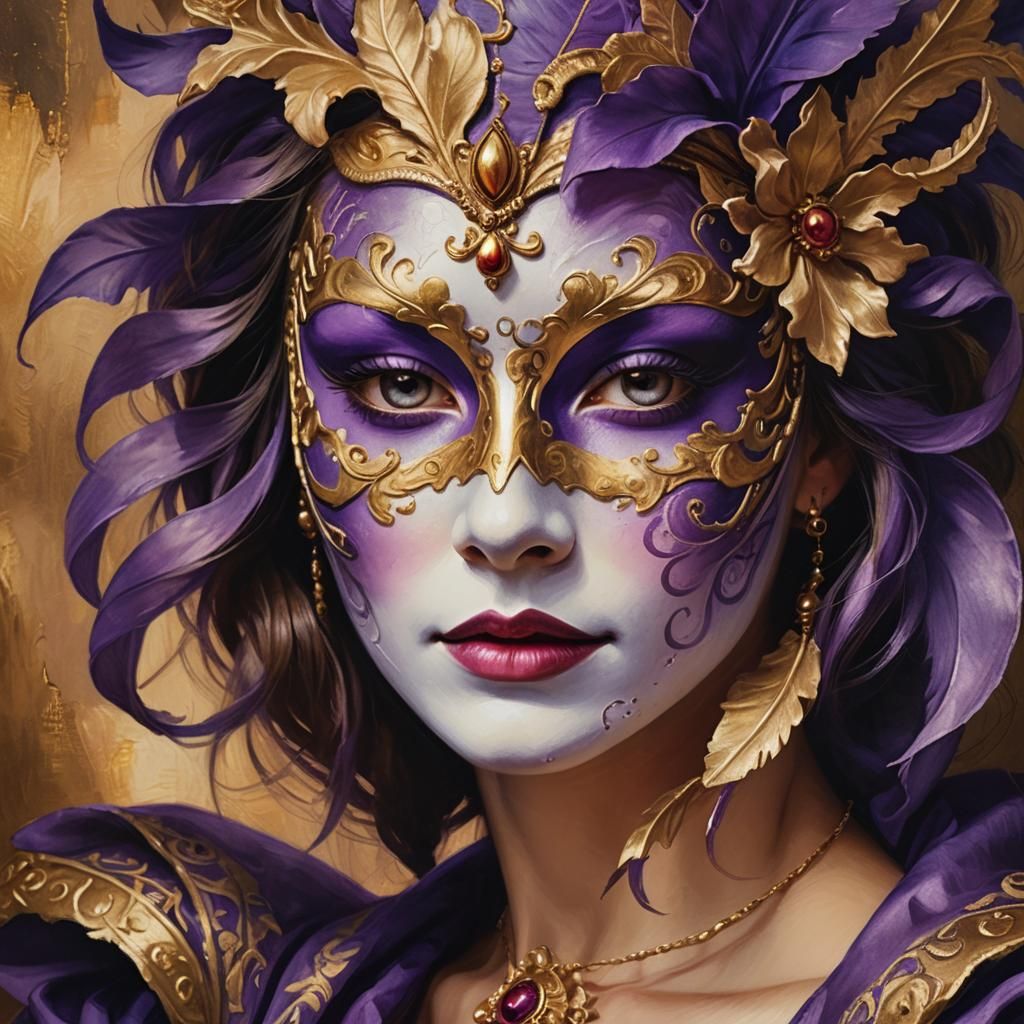 A woman with a purple venetian mask 