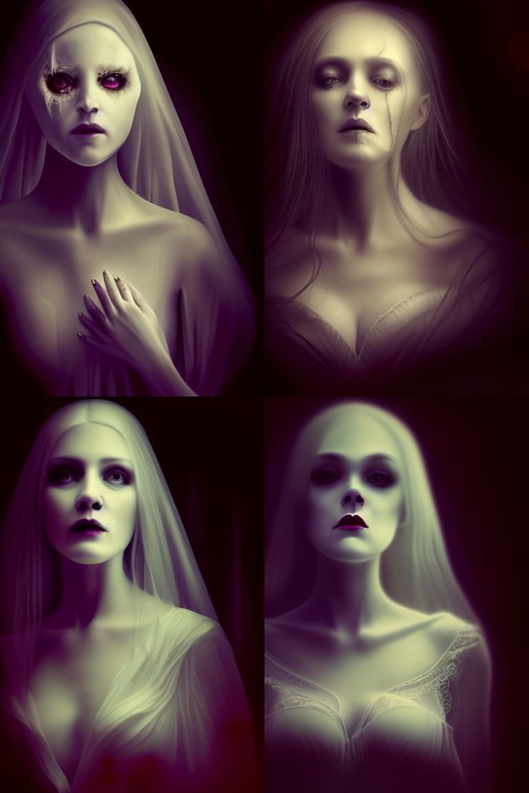 WLOP; horror, sinister, beautiful ghost, lady in white, Phot...
