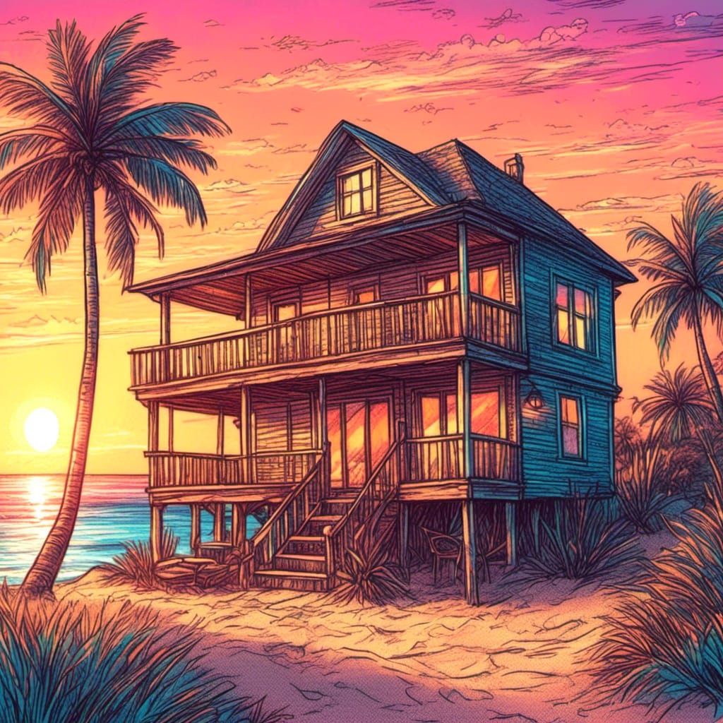 <lora:Pencils and crayons:1.0> (Pencils and colourful crayon) little straw beach house on a tropical beach. Sunset. Luminous 