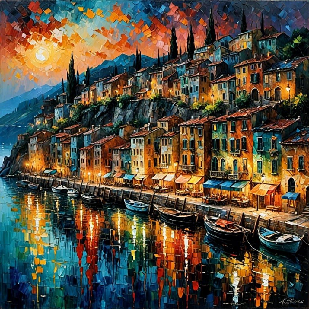 Port City Harbor at Night with Reflections <lora:Impasto Painting:1.0> 