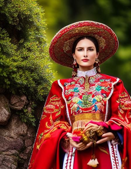 a woman in an embroidered traditional Serbian national costu...