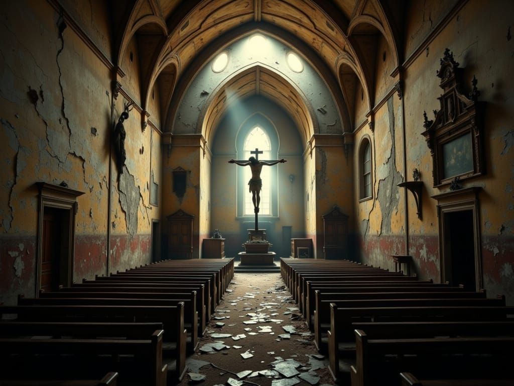 Abandoned church , pews are rotted and cracked, walls are peeling, and falling apart and  crucifix has fallen <lora:Beautiful world:1.0> dow...