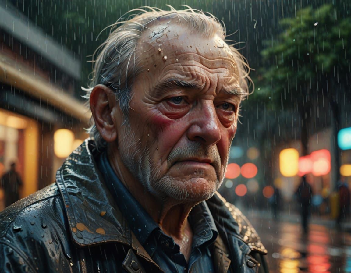its raining its pouring the old man is snoring Hyperrealistic, splash art, concept art, mid shot, intricately detailed, color depth, dramati...