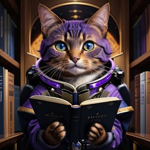 Alien cat in spacesuit holding book in library - AI Generated Artwork ...