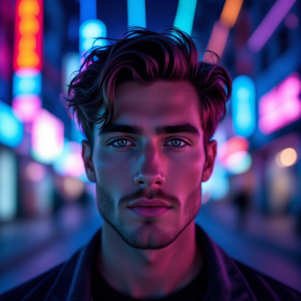 Young Man in Neon Double Exposure Style