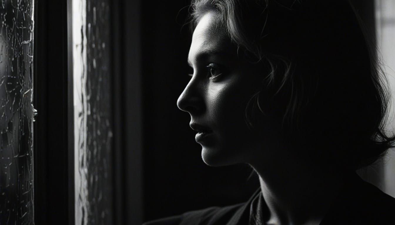 a woman looking into a window and seeing her reflection. grainy overlay. Dramatic lighting  by @SignGirl