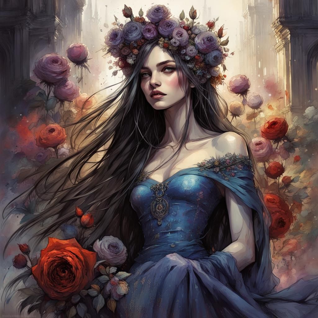 Enchanted Gothic Faery Girl in Floral Dress