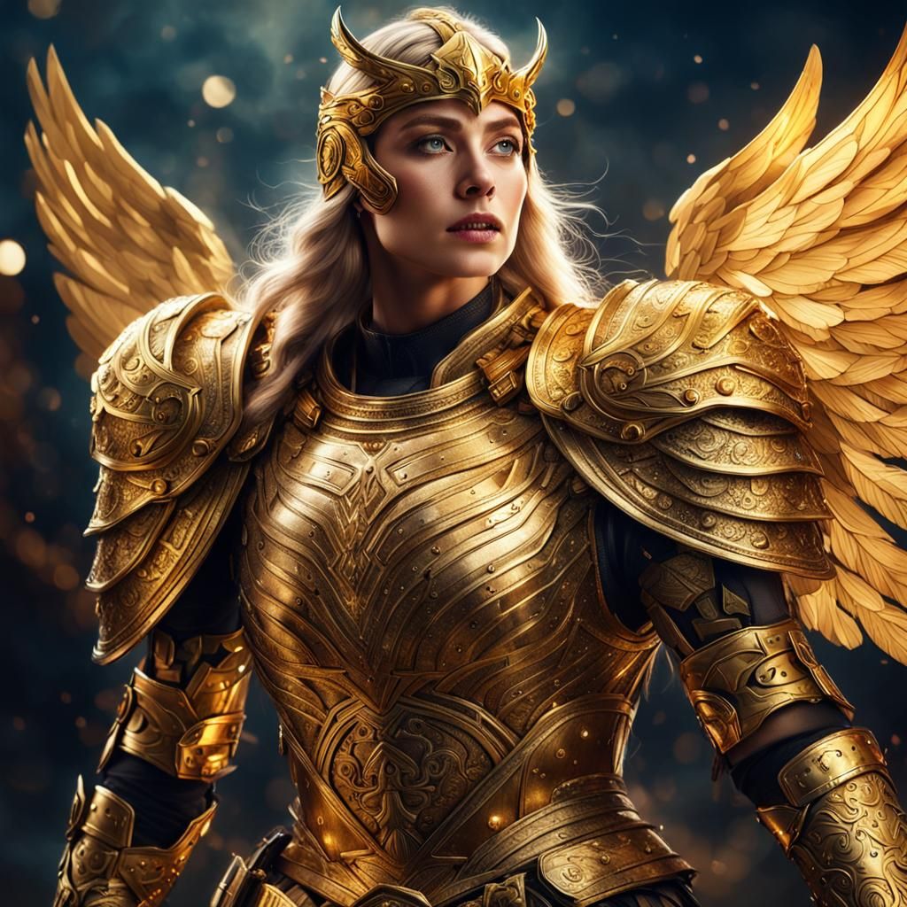 Portrait of a stunning valkyrie wearing a golden armor whit powerful ...