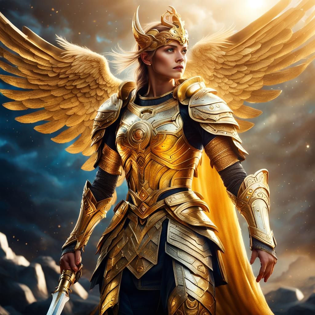 Portrait of a stunning valkyrie wearing a golden armor whit powerful ...