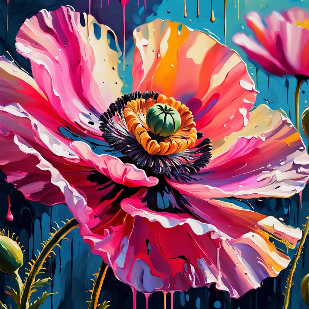 Dripping paint portrait of a bright pink poppy  by @Missysmom