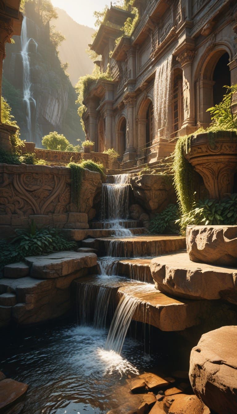Grand Concrete Masterpiece with Vibrant Garment and Waterfal...