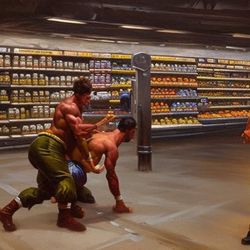 two wrestlers wrestling in a grocery store